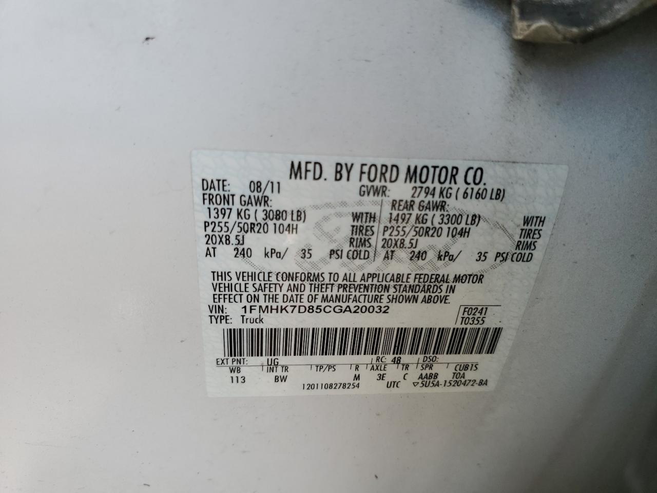 2012 Ford Explorer Xlt VIN: 1FMHK7D85CGA20032 Lot: 83826815