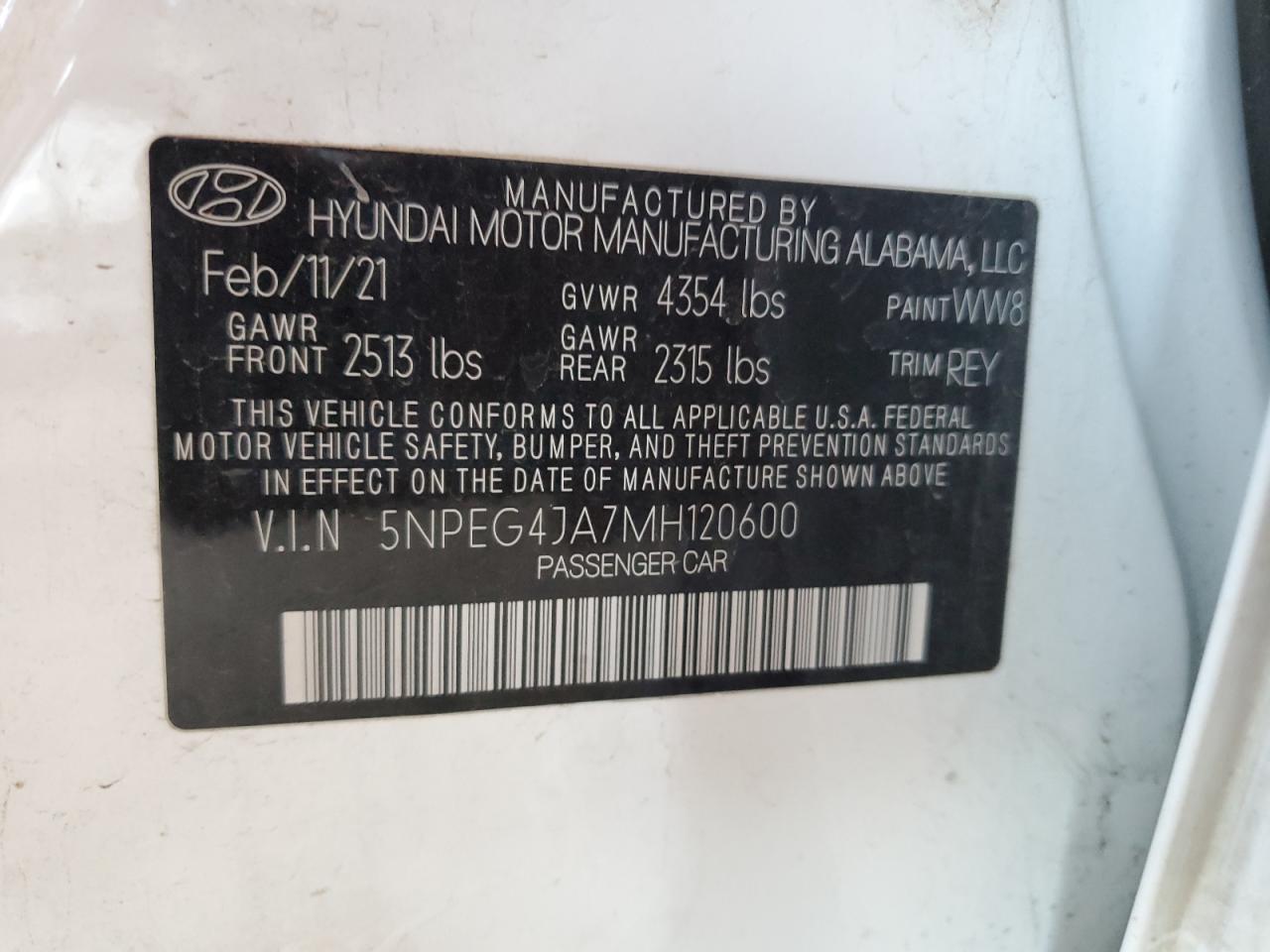 2021 Hyundai Sonata Se VIN: 5NPEG4JA7MH120600 Lot: 80573225