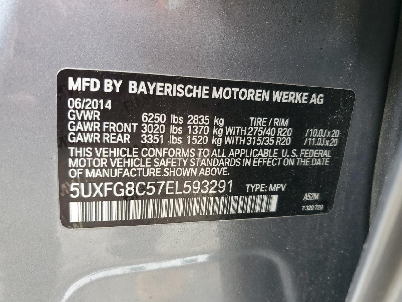 2014 BMW X6 xDrive50I VIN: 5UXFG8C57EL593291 Lot: 84401885