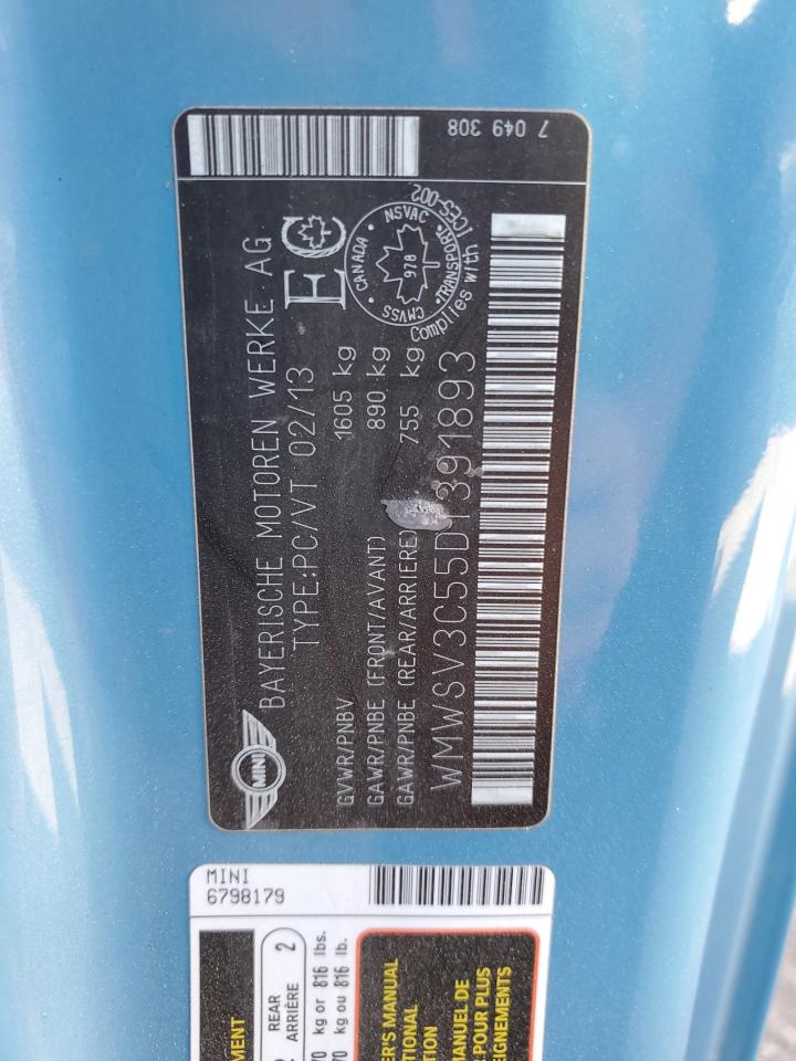 2013 Mini Cooper S VIN: WMWSV3C55DT391893 Lot: 84464085