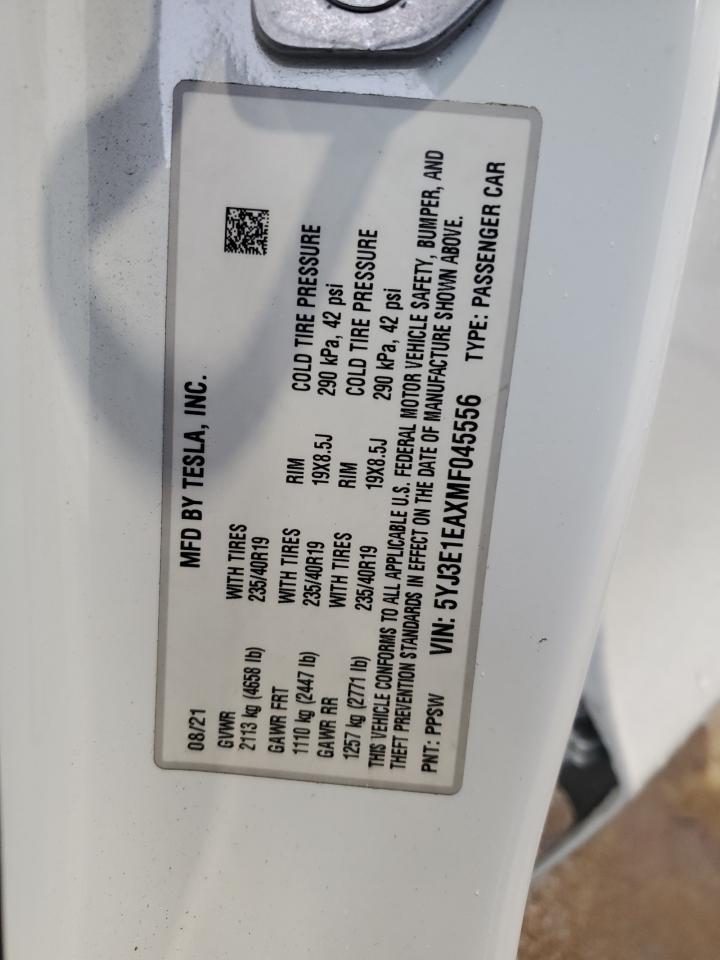 2021 Tesla Model 3 VIN: 5YJ3E1EAXMF045556 Lot: 80309235