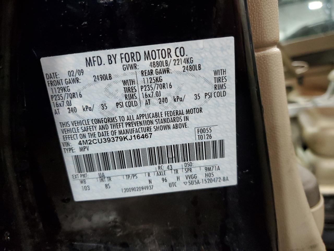 2009 Mercury Mariner Hybrid VIN: 4M2CU39379KJ16467 Lot: 71537805