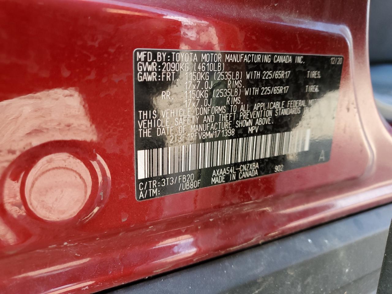 2021 Toyota Rav4 Le VIN: 2T3F1RFV8MW171398 Lot: 84863415