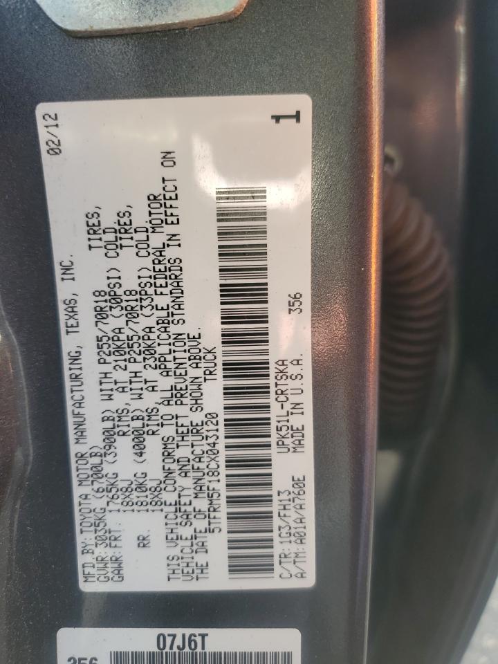 2012 Toyota Tundra Double Cab Sr5 VIN: 5TFRM5F18CX043120 Lot: 84563755