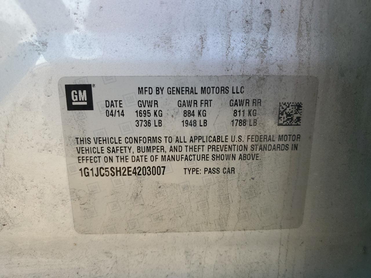 2014 Chevrolet Sonic Lt VIN: 1G1JC5SH2E4203007 Lot: 71227775