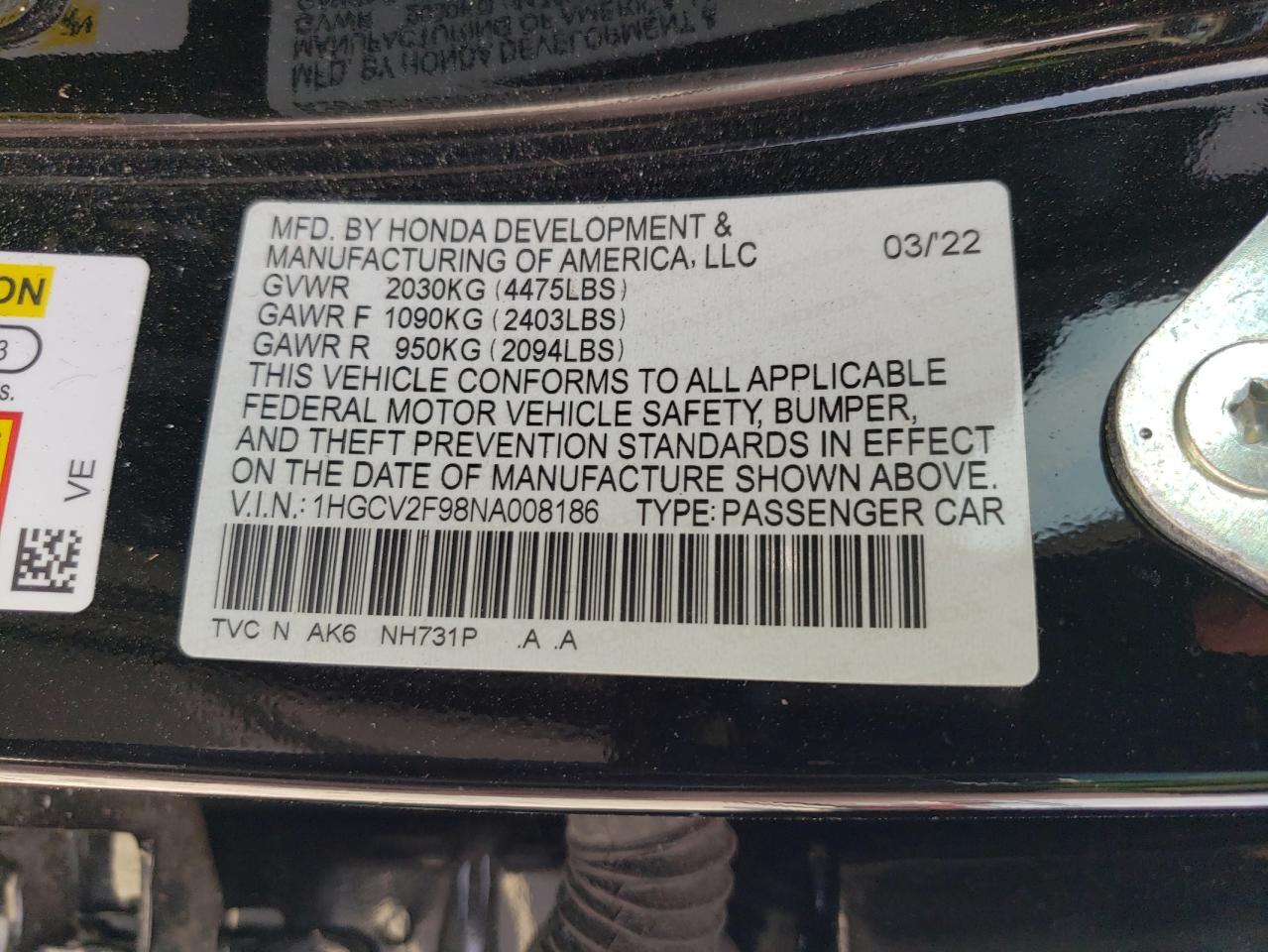 2022 Honda Accord Touring VIN: 1HGCV2F98NA008186 Lot: 81028375
