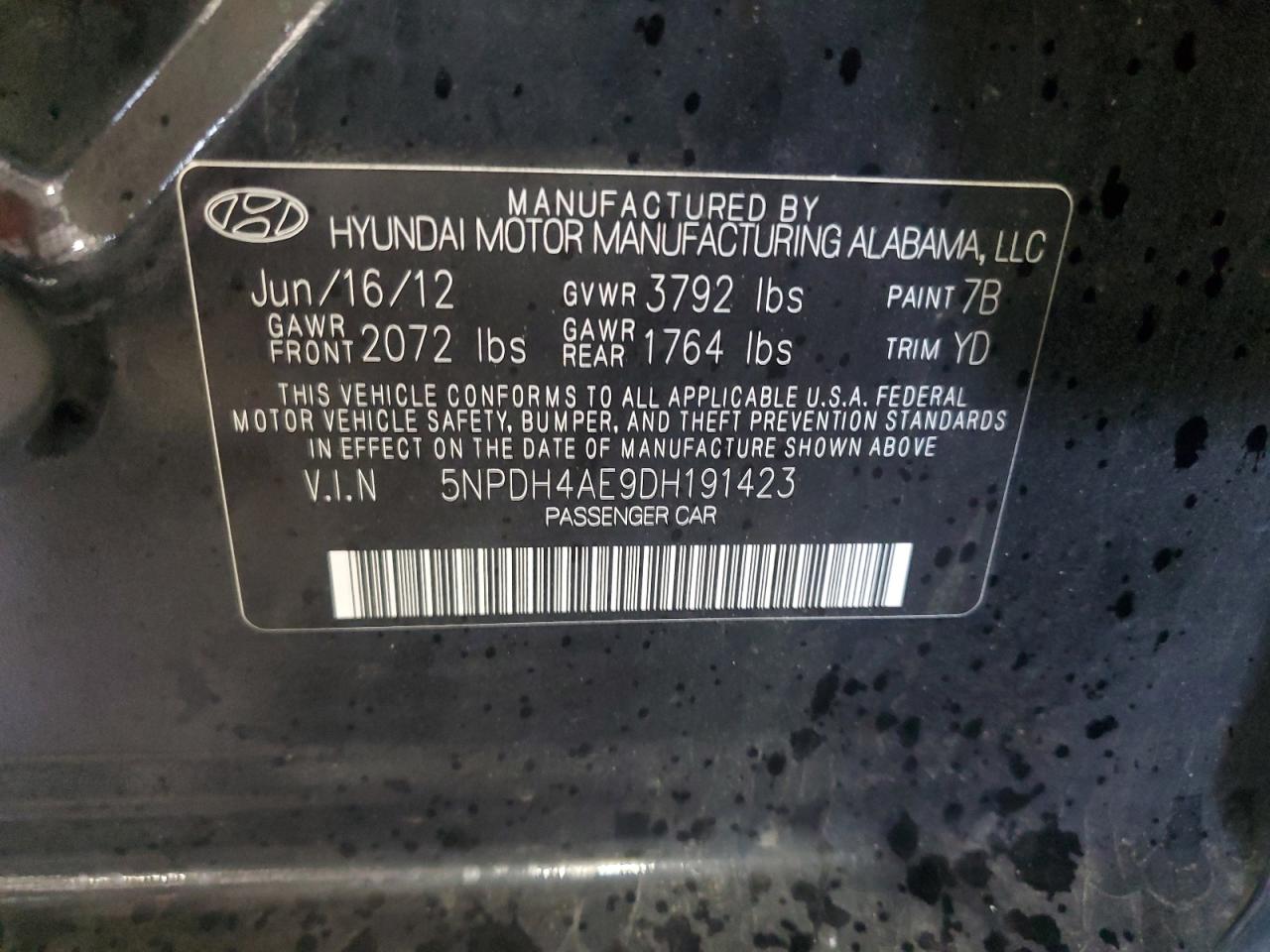 2013 Hyundai Elantra Gls VIN: 5NPDH4AE9DH191423 Lot: 80837975