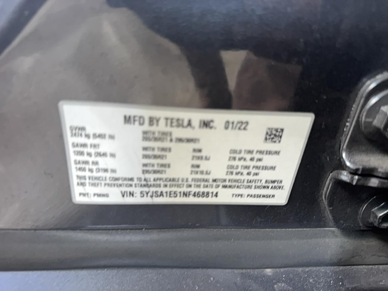 2022 Tesla Model S VIN: 5YJSA1E51NF468814 Lot: 80475125