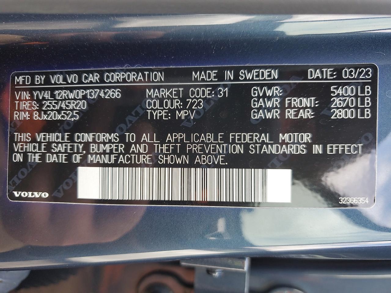 2023 Volvo Xc60 Plus VIN: YV4L12RW0P1374266 Lot: 80756235