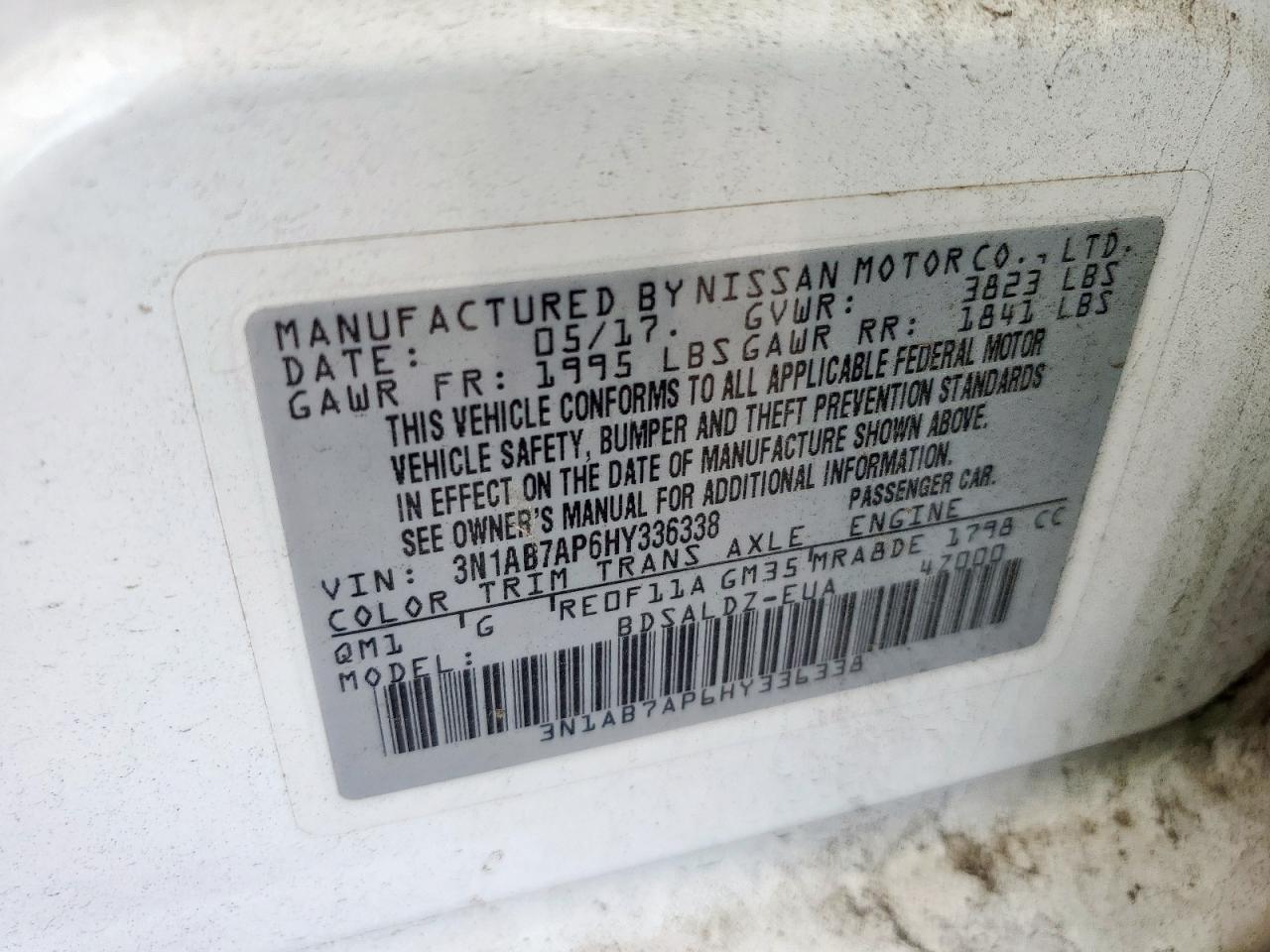 2017 Nissan Sentra S VIN: 3N1AB7AP6HY336338 Lot: 81704035