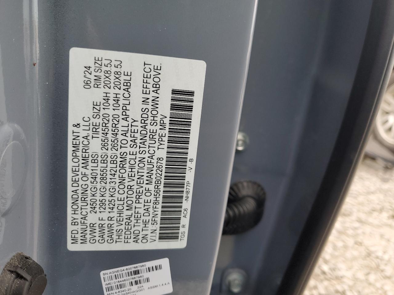 2024 Honda Passport Exl VIN: 5FNYF8H56RB022678 Lot: 81518555