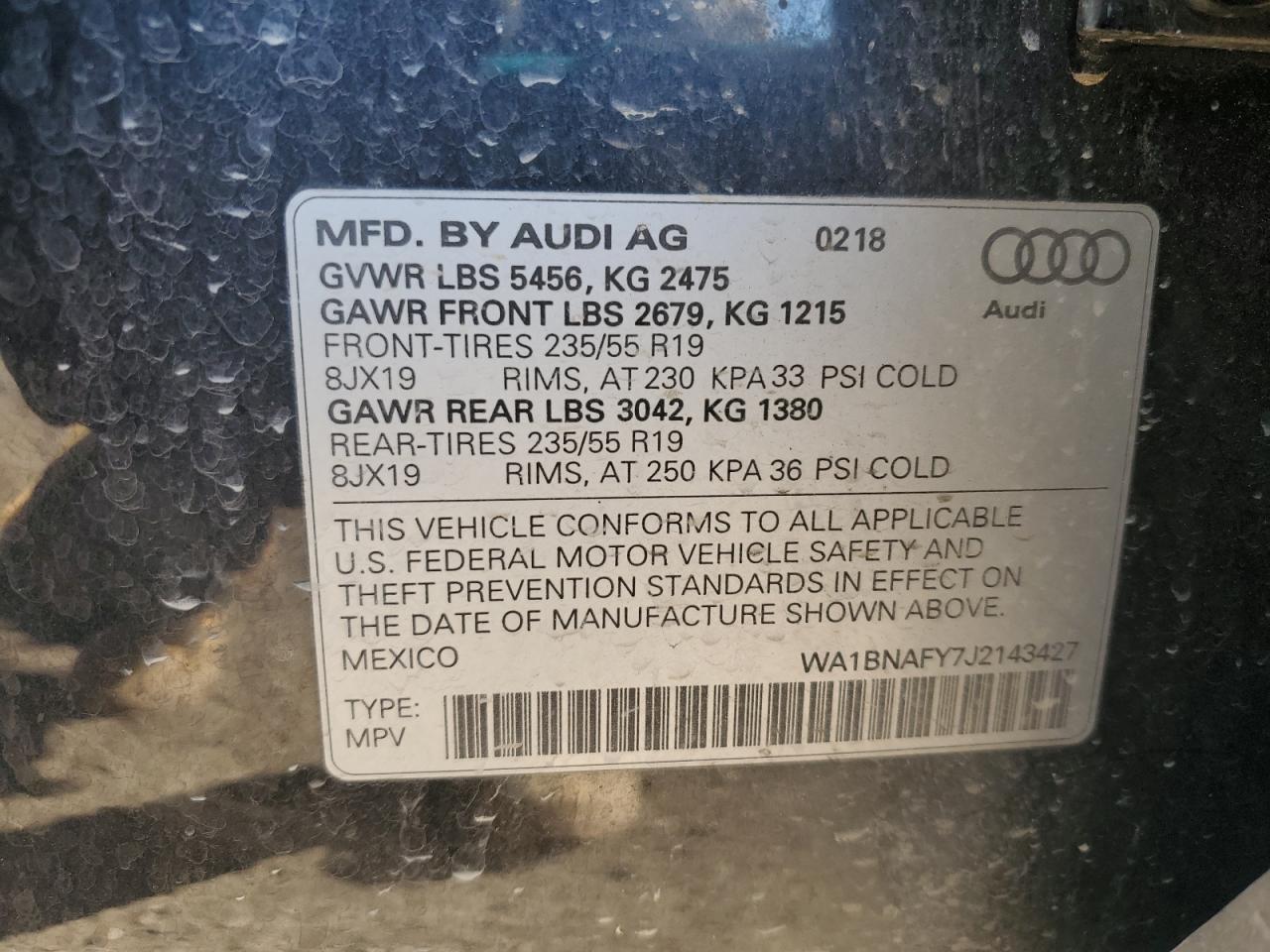 2018 Audi Q5 Premium Plus VIN: WA1BNAFY7J2143427 Lot: 80734025