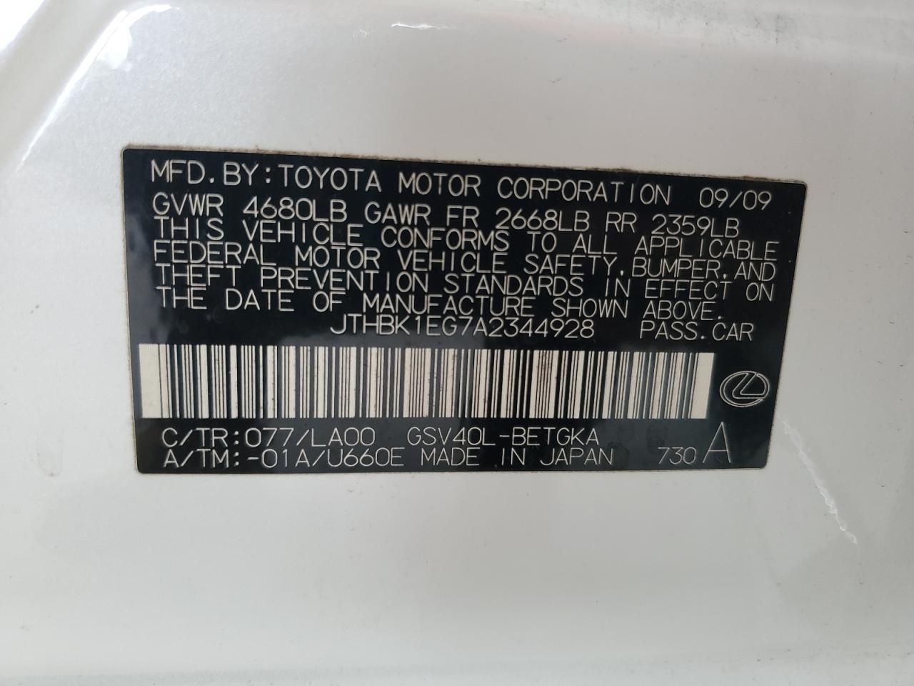 2010 Lexus Es 350 VIN: JTHBK1EG7A2344928 Lot: 80513475
