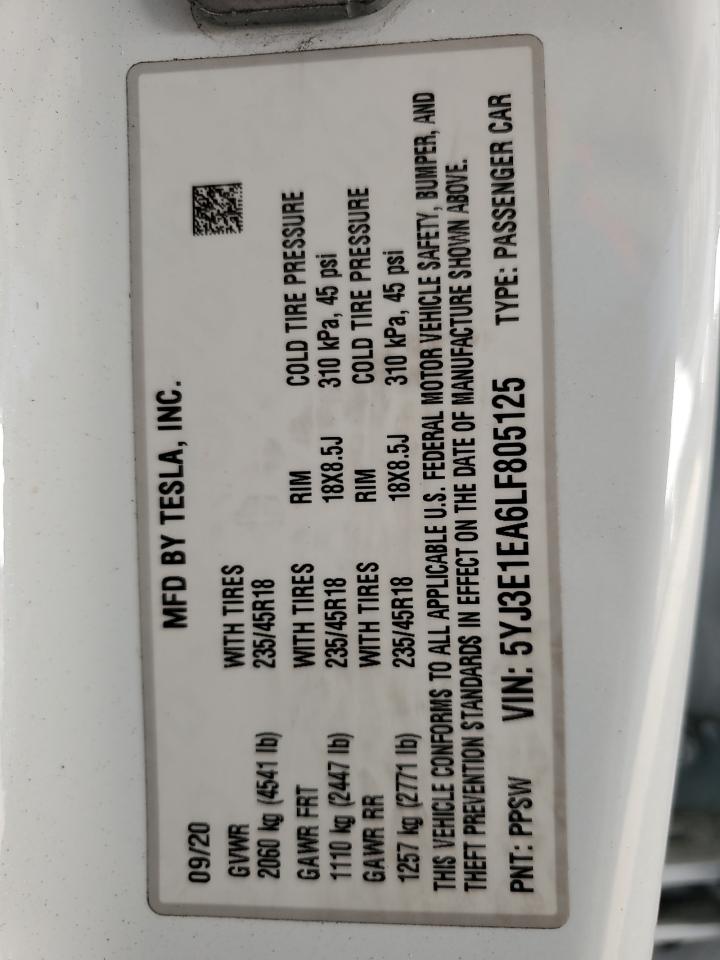 2020 Tesla Model 3 VIN: 5YJ3E1EA6LF805125 Lot: 81606955