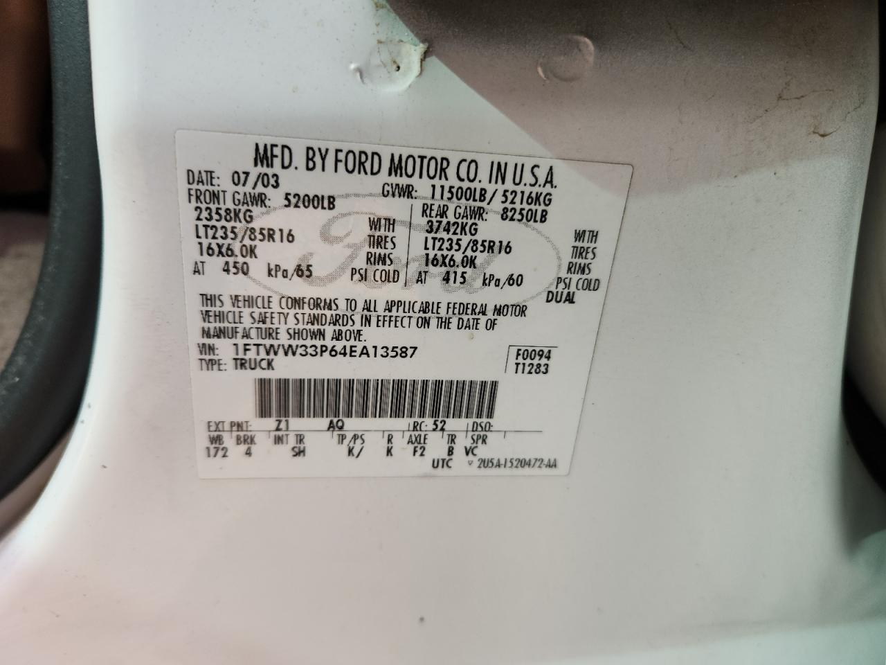 2004 Ford F350 Super Duty VIN: 1FTWW33P64EA13587 Lot: 80392985