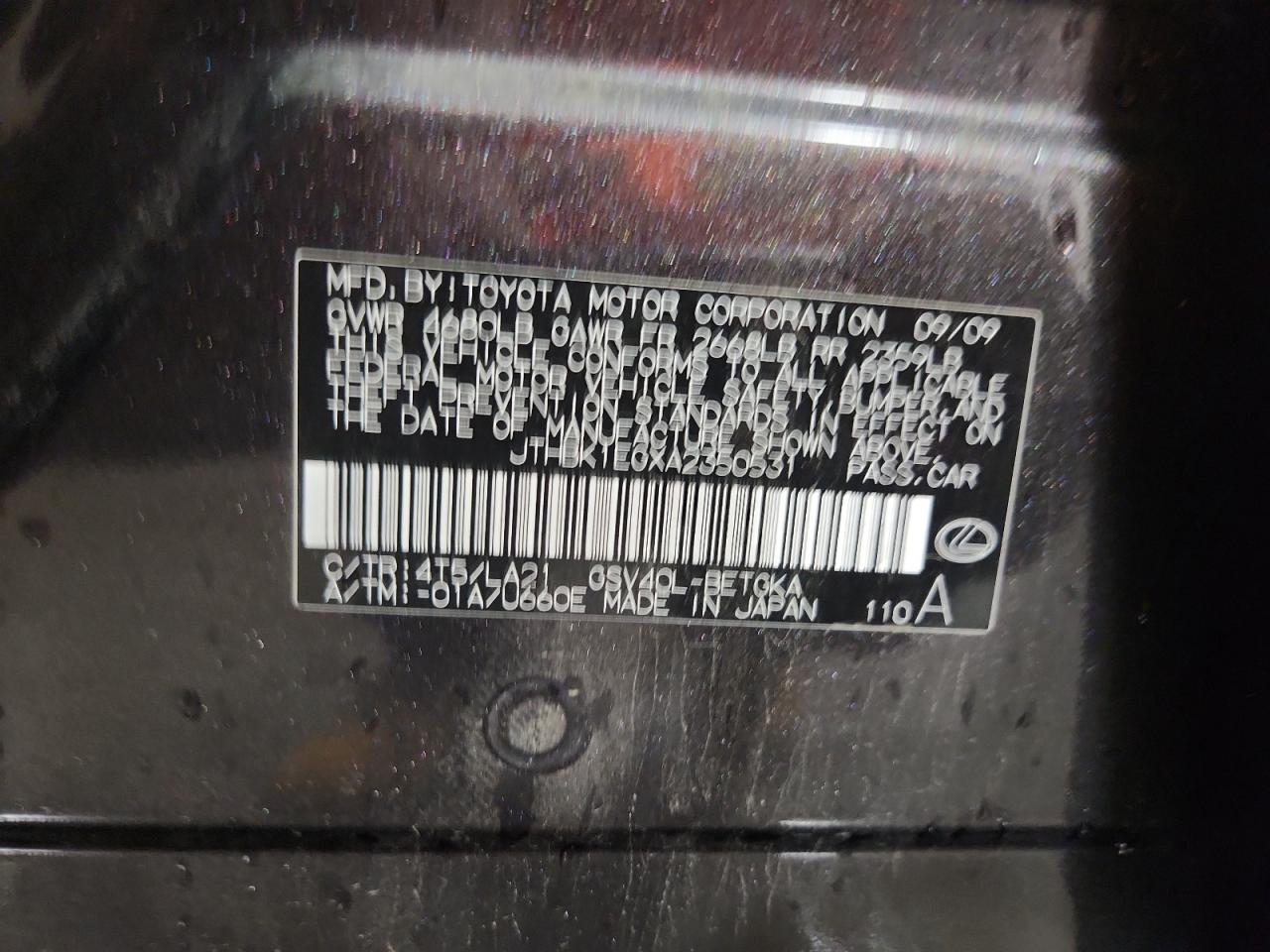 2010 Lexus Es 350 VIN: JTHBK1EGXA2350531 Lot: 80570075