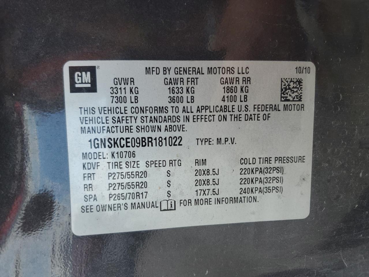 2011 Chevrolet Tahoe K1500 Ltz VIN: 1GNSKCE09BR181022 Lot: 84355485