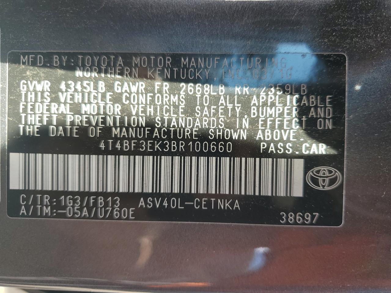 2011 Toyota Camry Base VIN: 4T4BF3EK3BR100660 Lot: 84396885