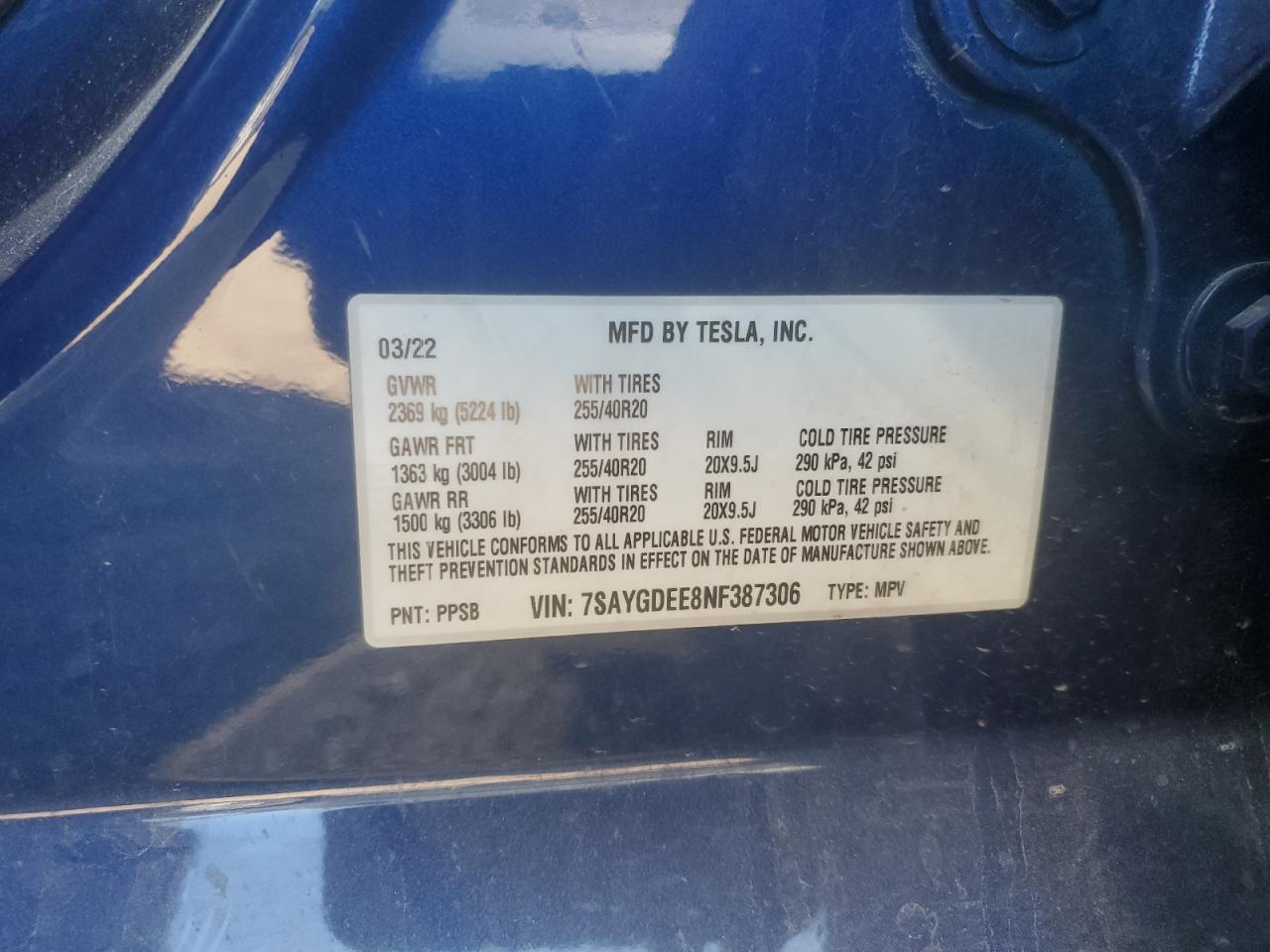 2022 Tesla Model Y VIN: 7SAYGDEE8NF387306 Lot: 70539465