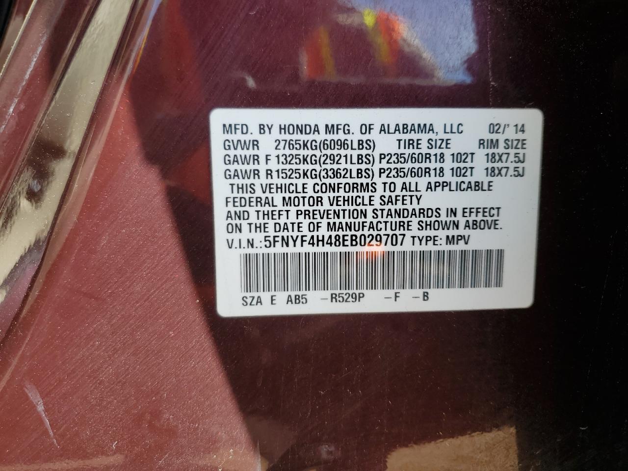 2014 Honda Pilot Ex VIN: 5FNYF4H48EB029707 Lot: 81886595