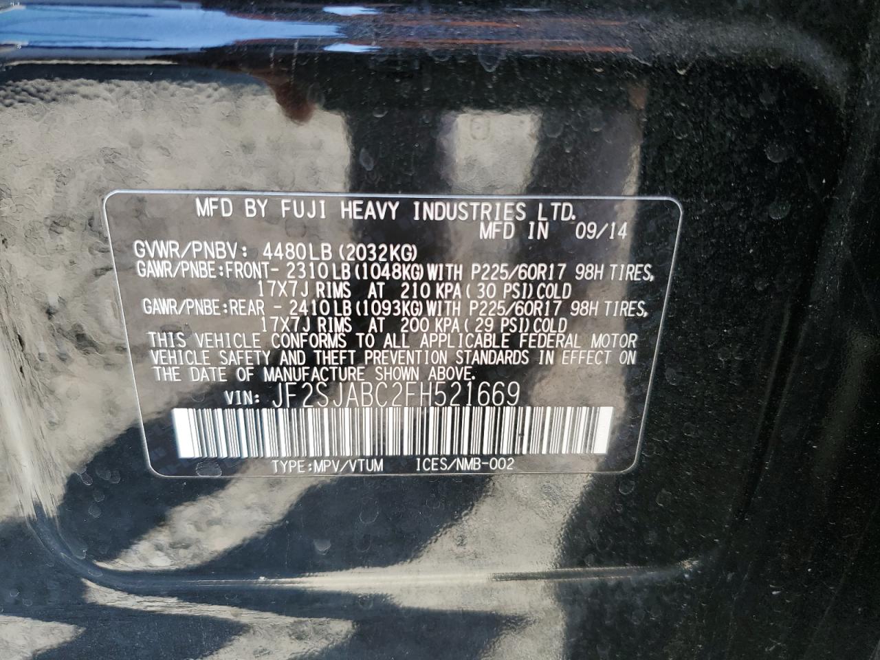 2015 Subaru Forester 2.5I VIN: JF2SJABC2FH521669 Lot: 80373885