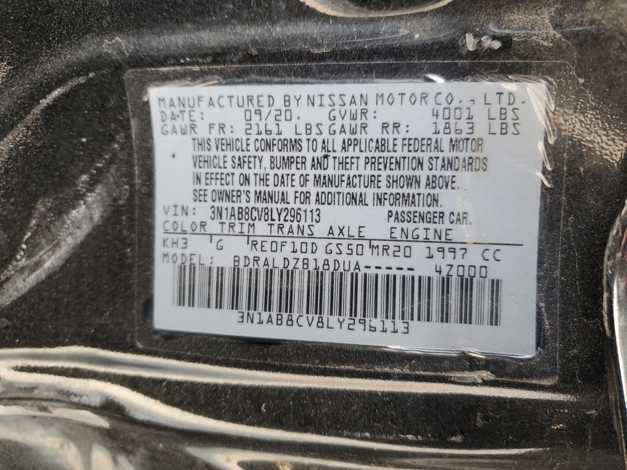 2020 Nissan Sentra Sv VIN: 3N1AB8CV8LY296113 Lot: 71489755