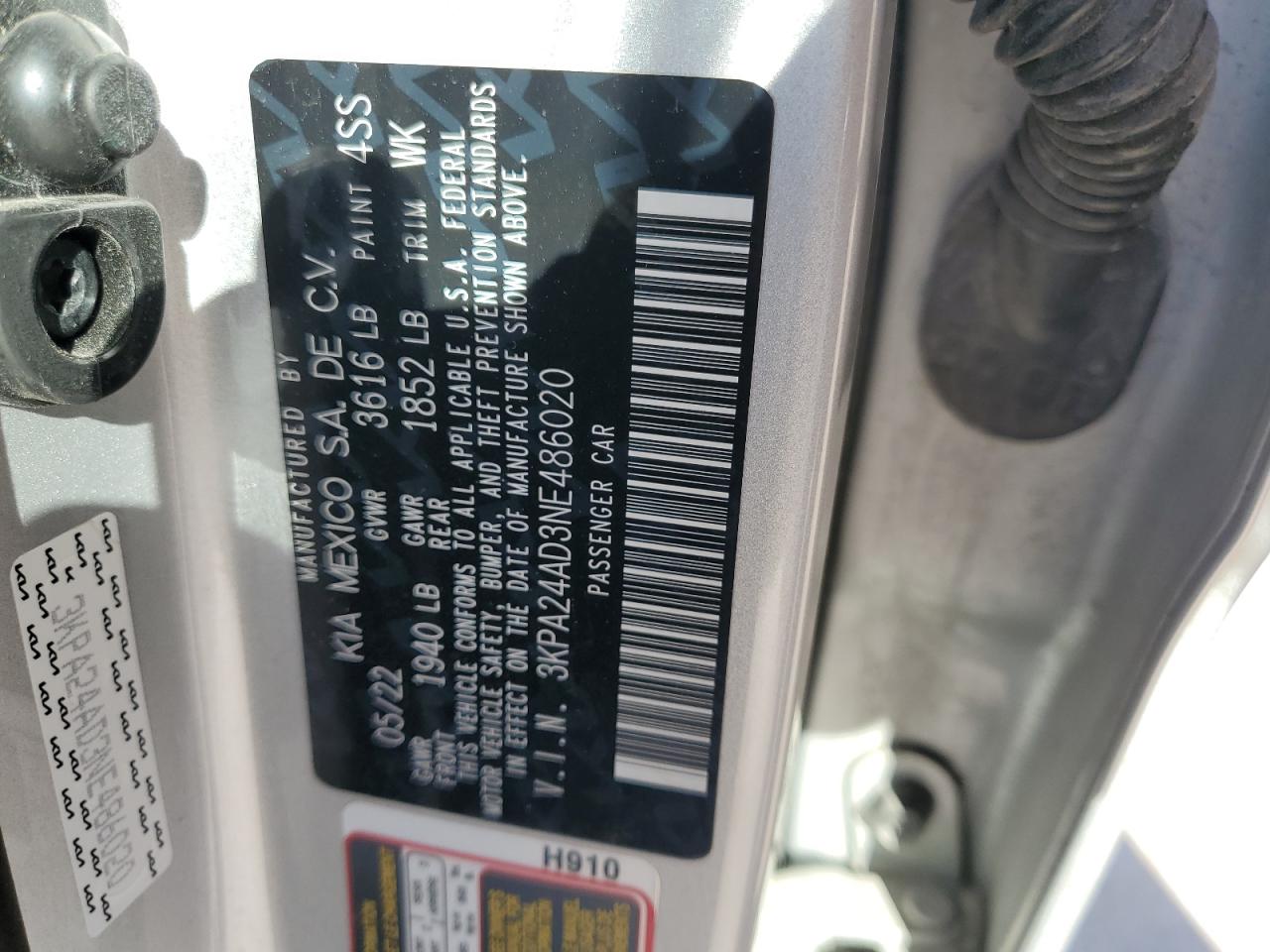 2022 Kia Rio Lx VIN: 3KPA24AD3NE486020 Lot: 83849775