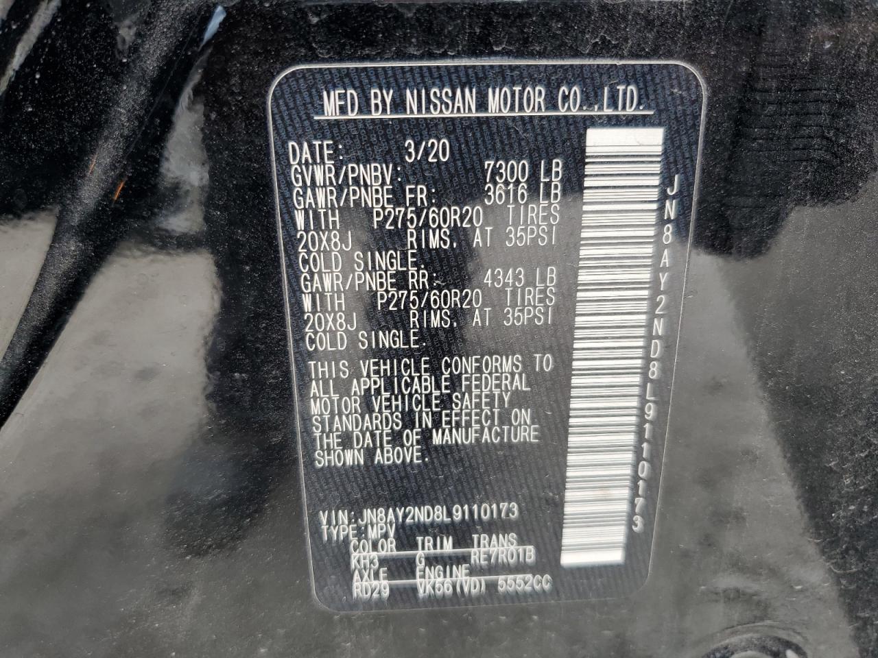 2020 Nissan Armada Sv VIN: JN8AY2ND8L9110173 Lot: 72078725