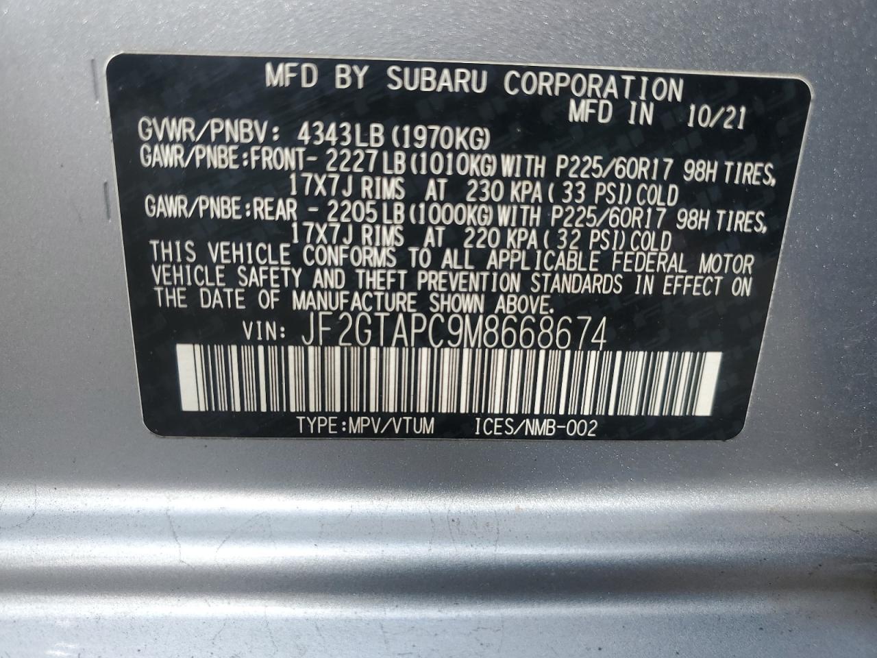 2021 Subaru Crosstrek Premium VIN: JF2GTAPC9M8668674 Lot: 84584655