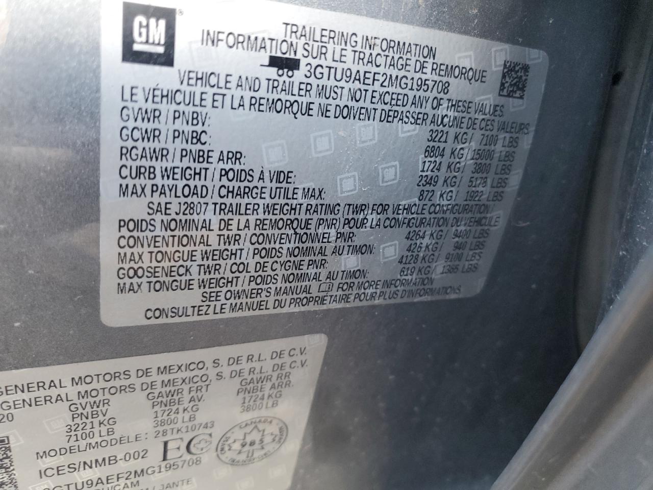 2021 GMC Sierra K1500 VIN: 3GTU9AEF2MG195708 Lot: 80505785