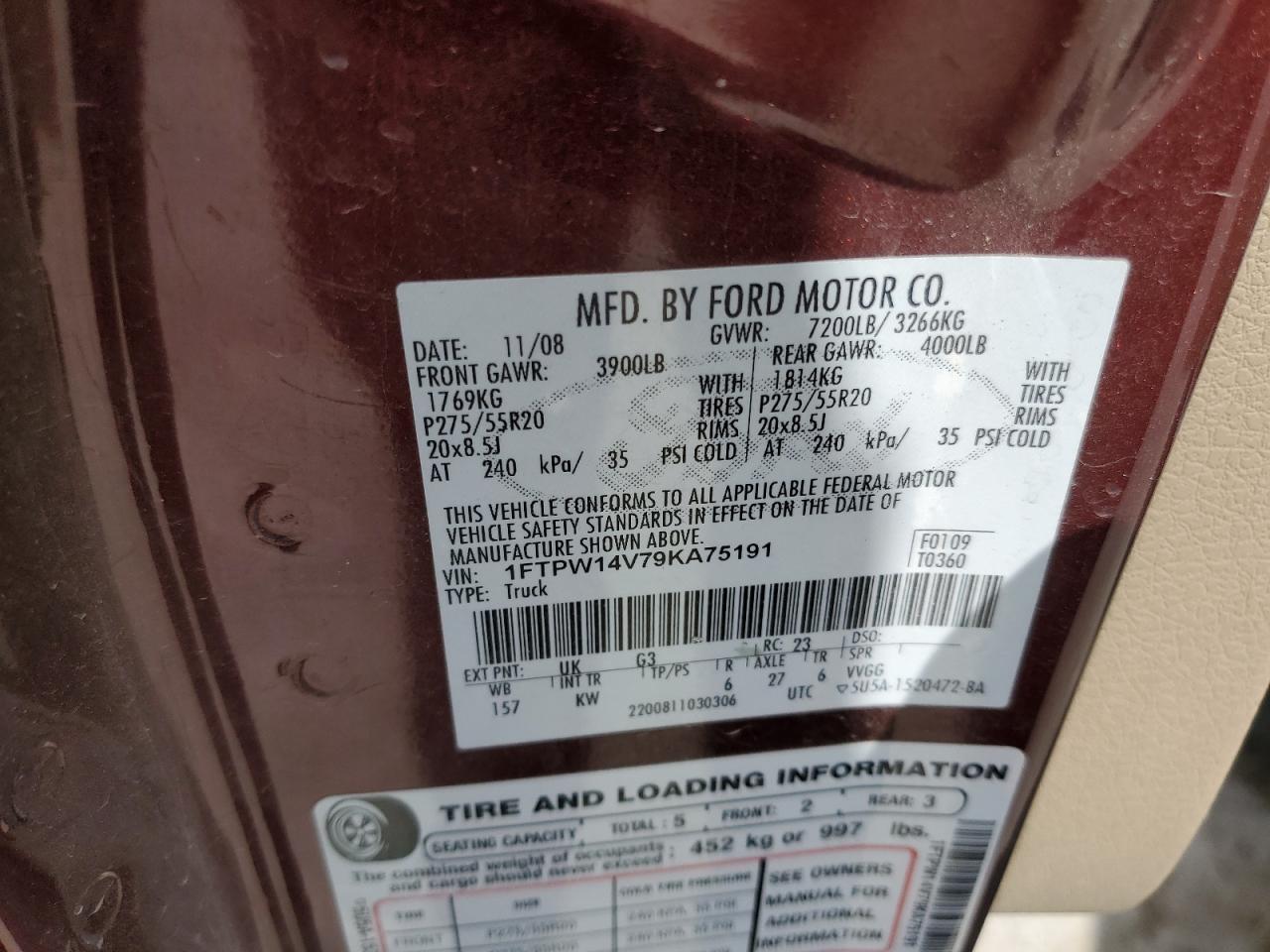 2009 Ford F150 Supercrew VIN: 1FTPW14V79KA75191 Lot: 71111715