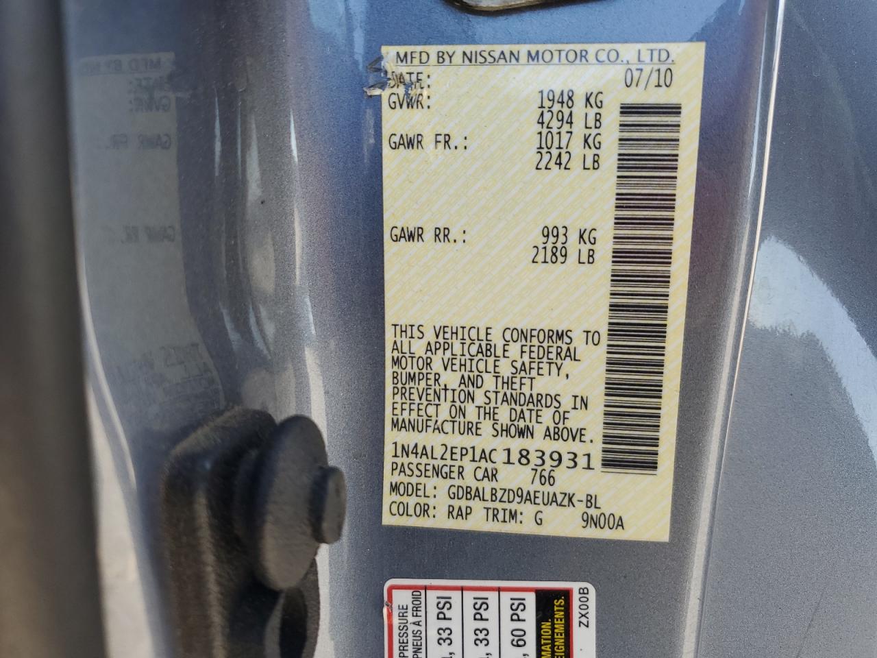 2010 Nissan Altima S VIN: 1N4AL2EP1AC183931 Lot: 81743405