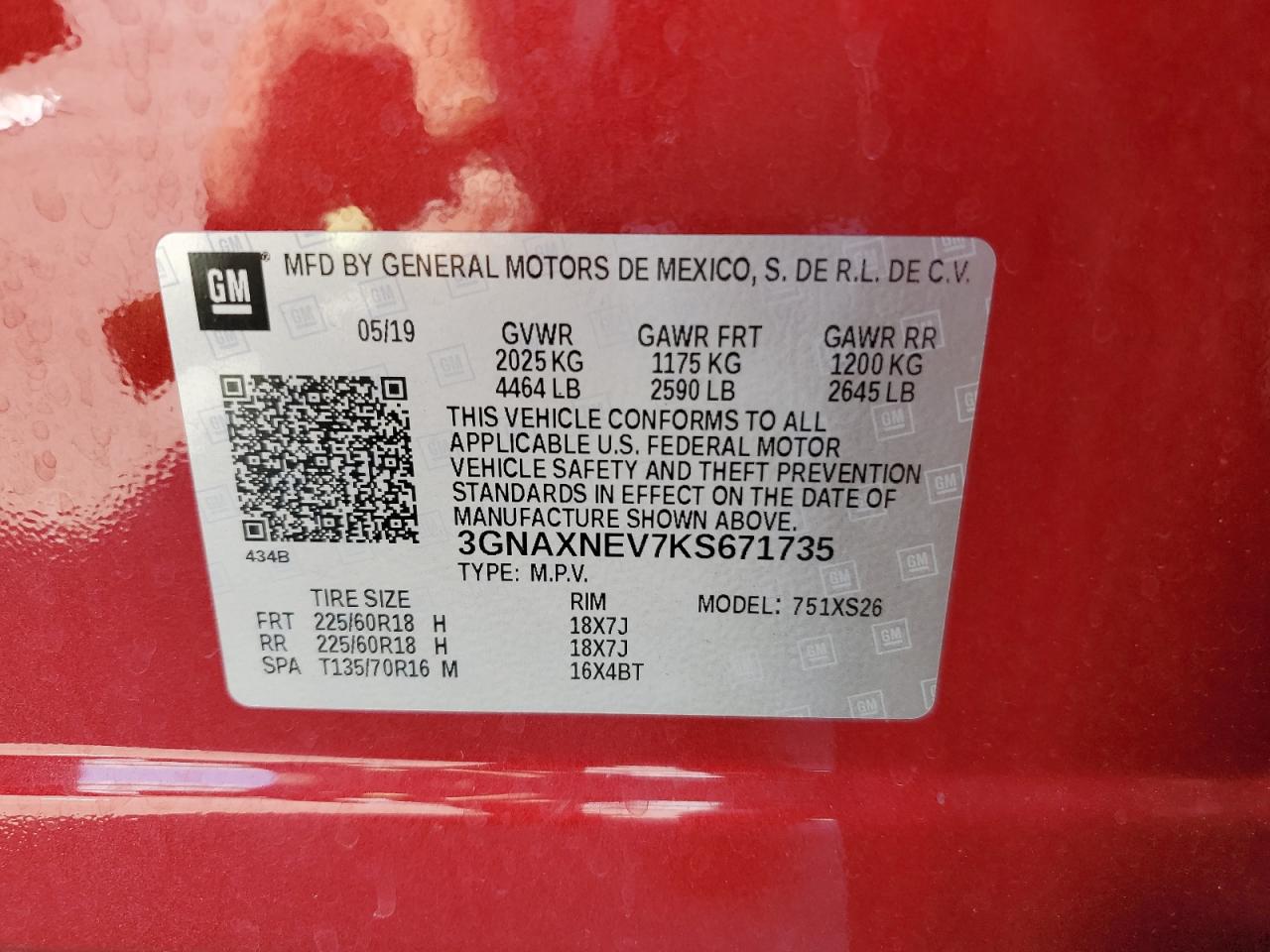 2019 Chevrolet Equinox Premier VIN: 3GNAXNEV7KS671735 Lot: 80397005