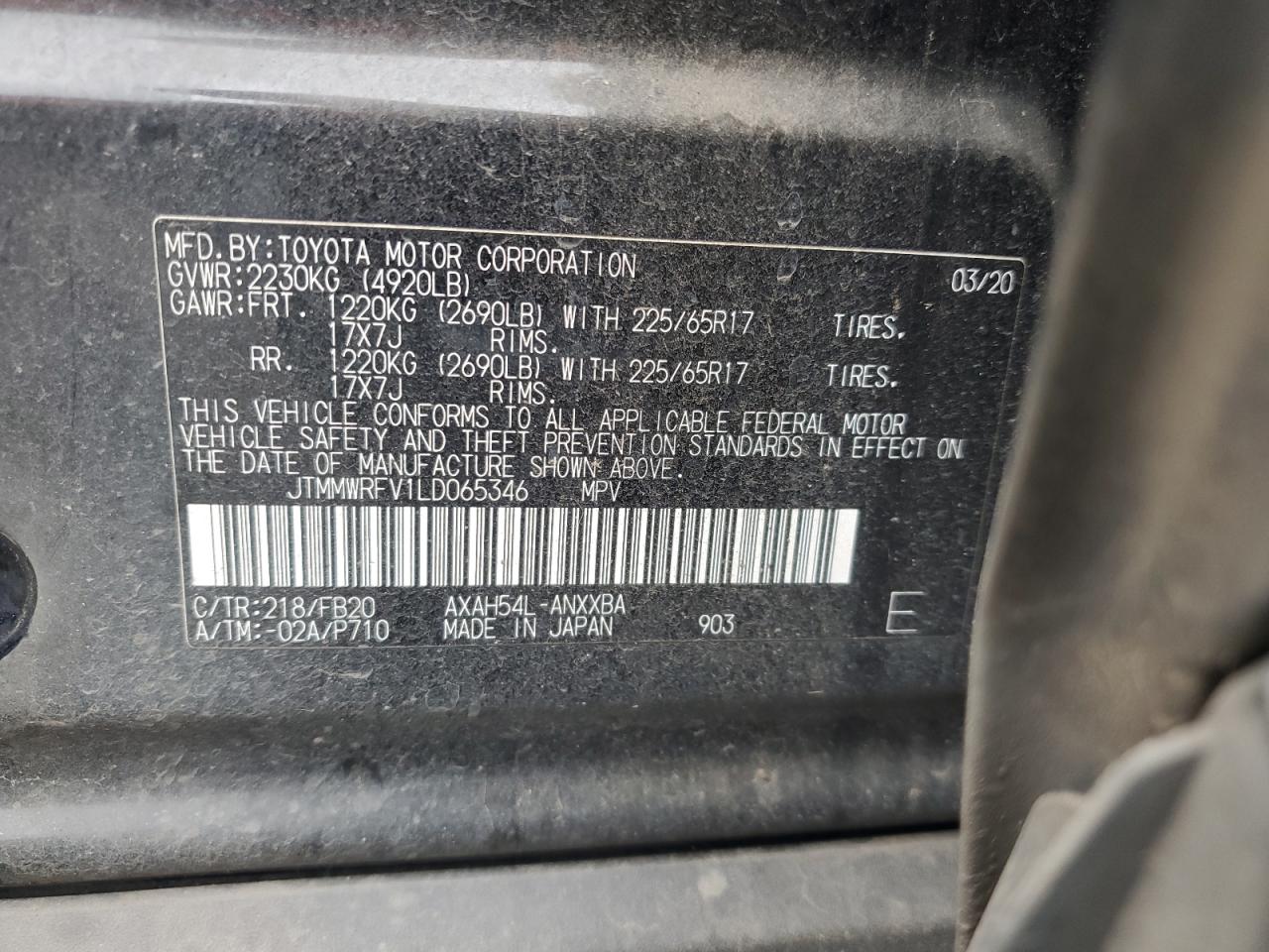 2020 Toyota Rav4 Le VIN: JTMMWRFV1LD065346 Lot: 71922035