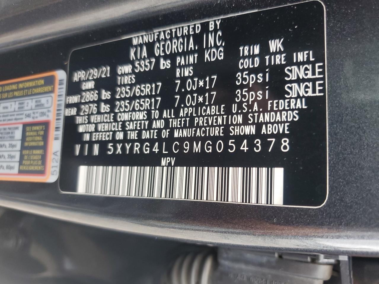 2021 Kia Sorento Lx VIN: 5XYRG4LC9MG054378 Lot: 81441035