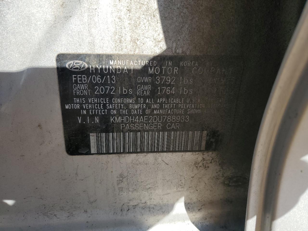 2013 Hyundai Elantra Gls VIN: KMHDH4AE2DU788933 Lot: 83791725