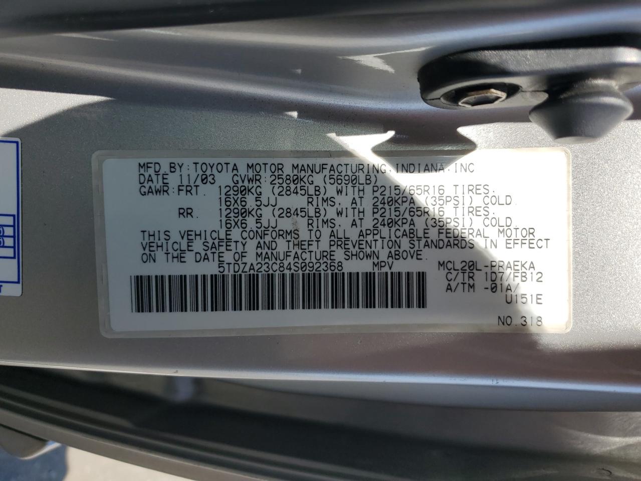 2004 Toyota Sienna Ce VIN: 5TDZA23C84S092368 Lot: 80404925