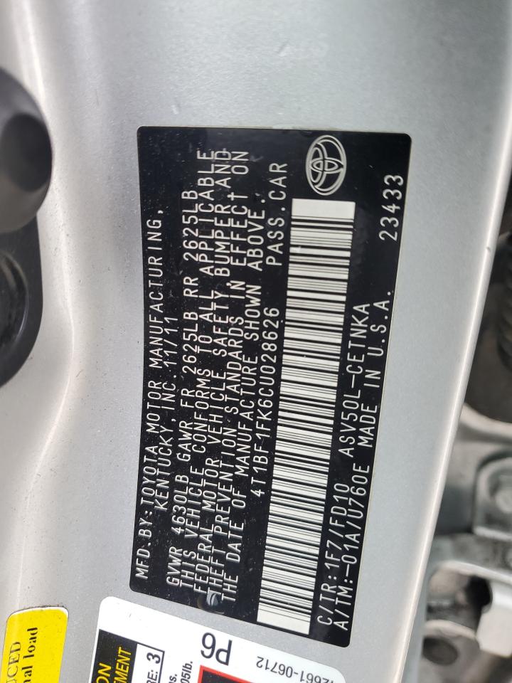 2012 Toyota Camry Base VIN: 4T1BF1FK6CU028626 Lot: 84442755