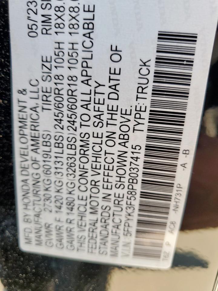 2023 Honda Ridgeline Rtl VIN: 5FPYK3F58PB037415 Lot: 81399015