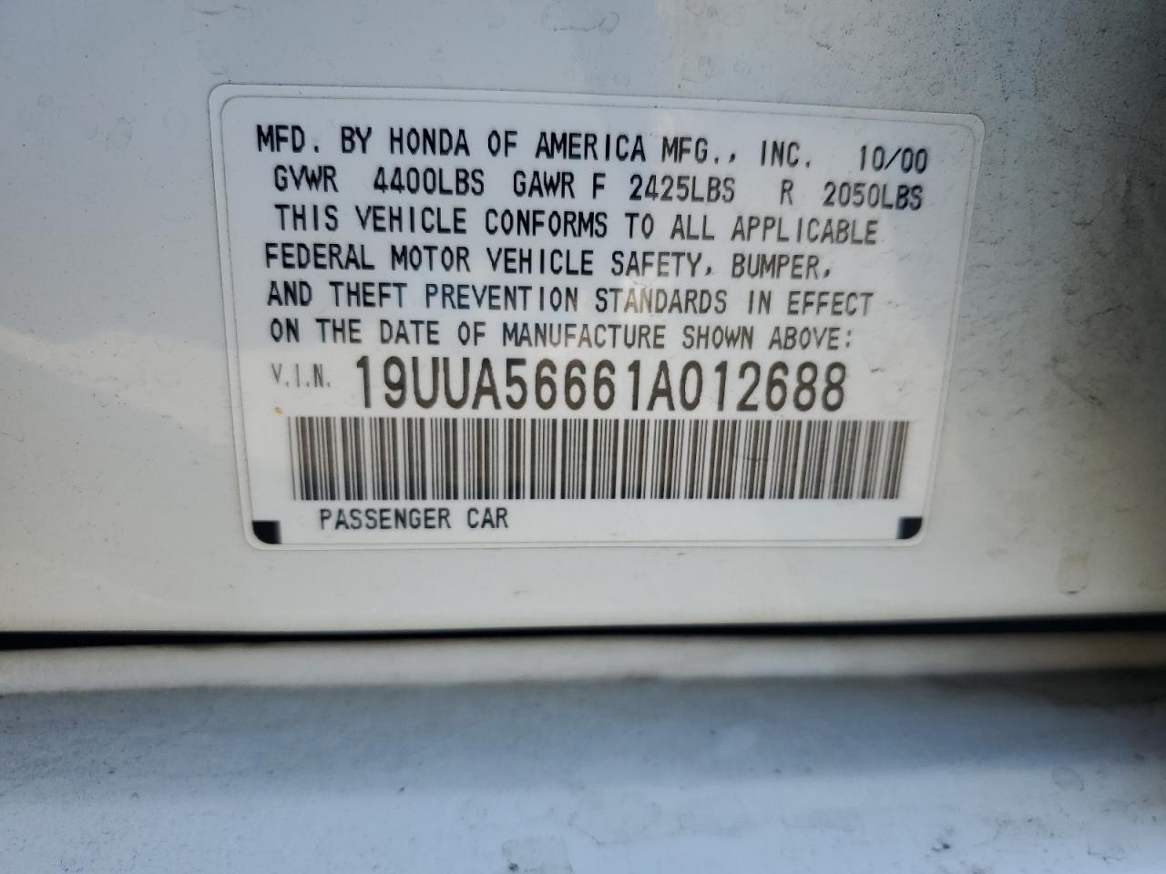 2001 Acura 3.2Tl VIN: 19UUA56661A012688 Lot: 83755755