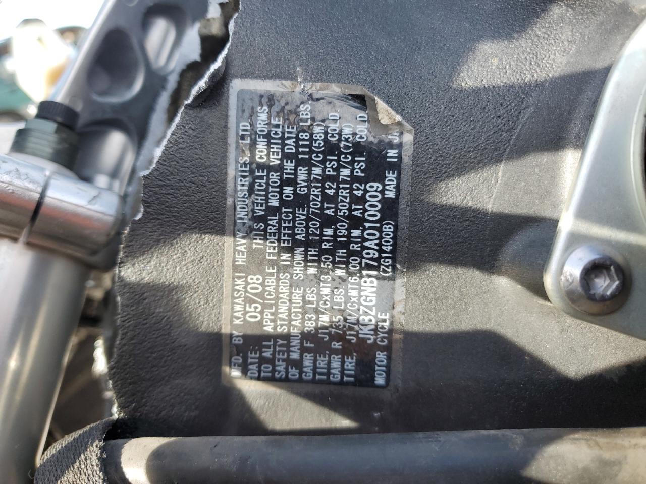 2009 Kawasaki Zg1400 B VIN: JKBZGNB179A010009 Lot: 85394565