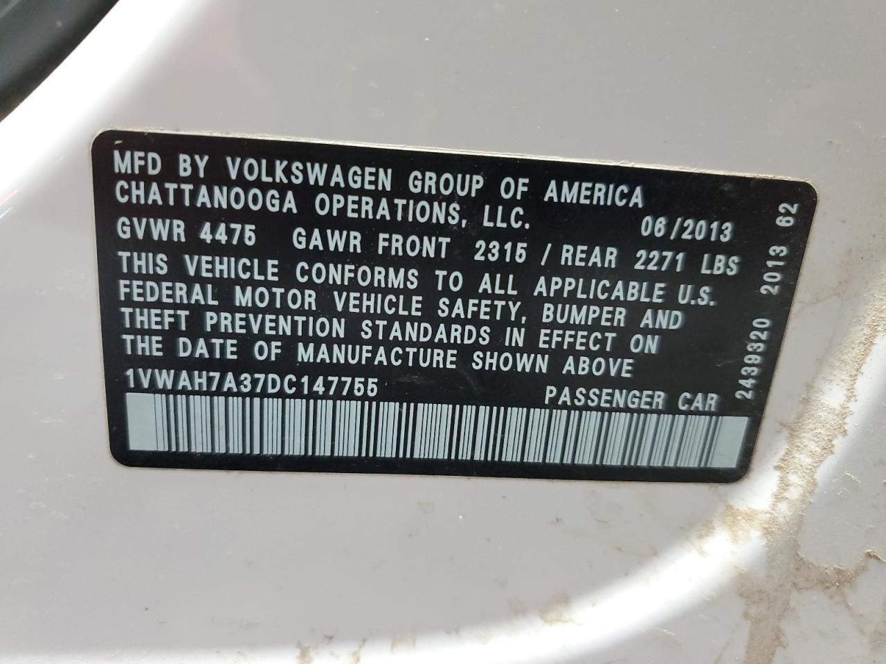 2012 Volkswagen Passat S VIN: 1VWAH7A37DC147755 Lot: 91577525