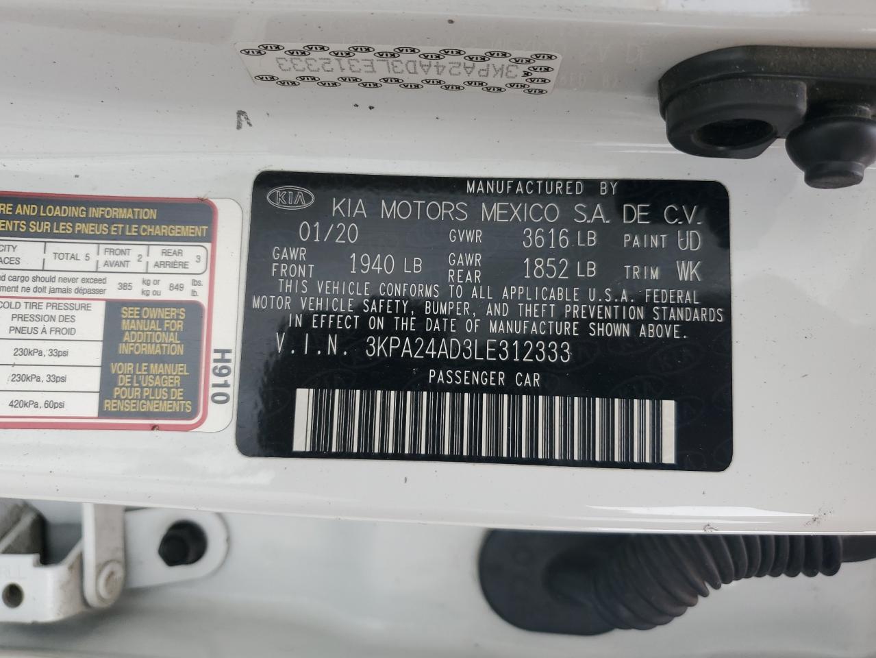 2020 Kia Rio Lx VIN: 3KPA24AD3LE312333 Lot: 81493815