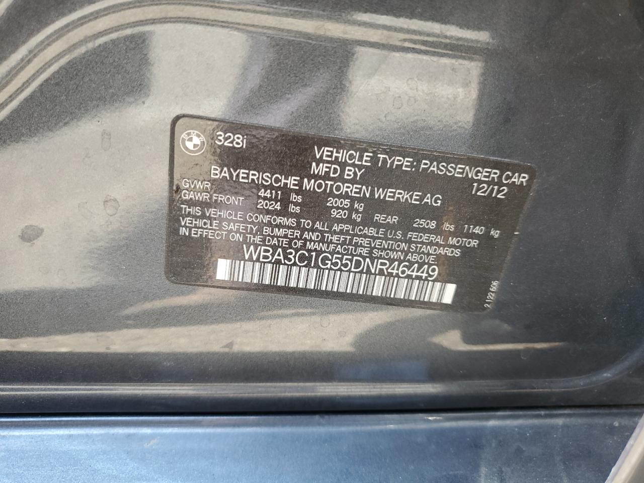 2013 BMW 328 I Sulev VIN: WBA3C1G55DNR46449 Lot: 80409675