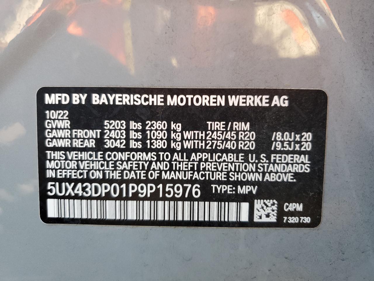 2023 BMW X3 Sdrive30I VIN: 5UX43DP01P9P15976 Lot: 68980935