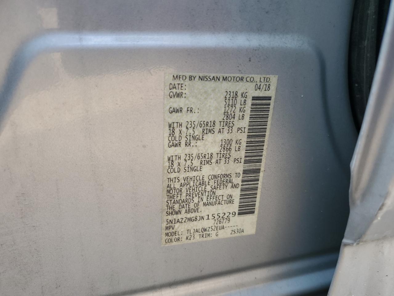 2018 Nissan Murano S VIN: 5N1AZ2MG8JN155229 Lot: 80957215