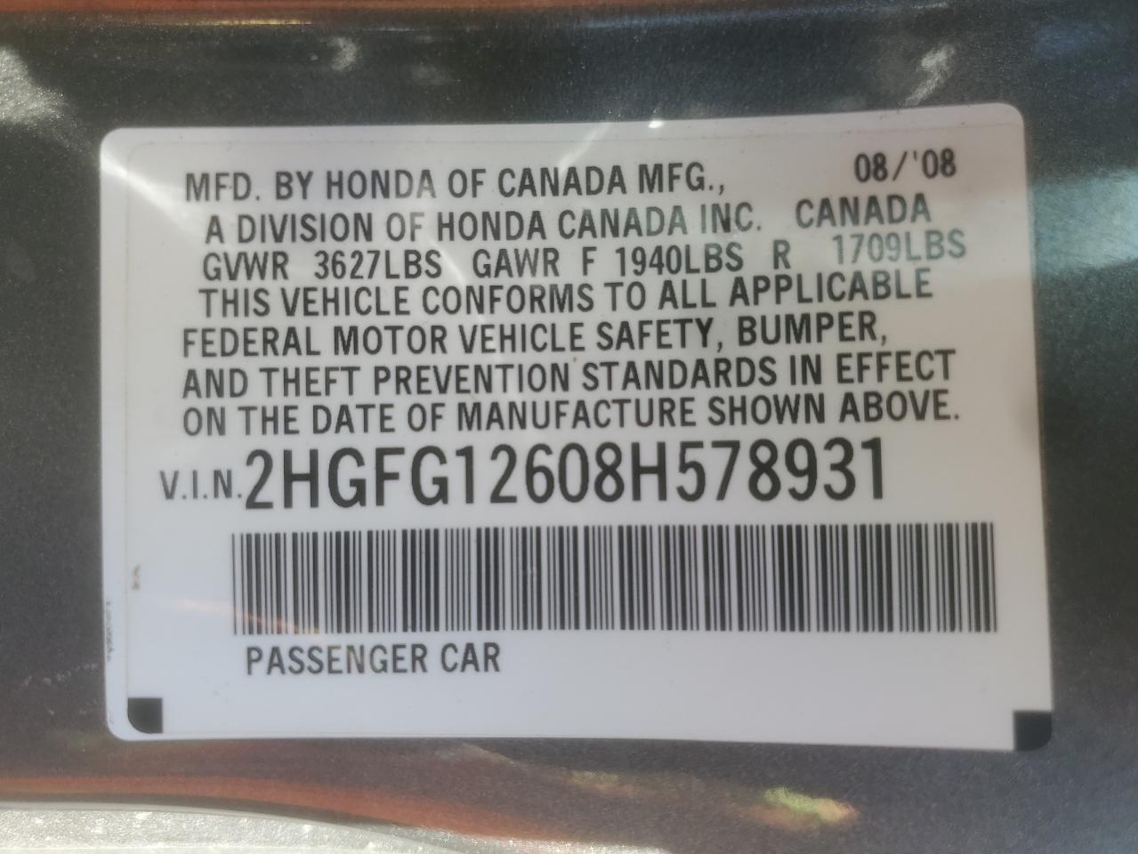 2008 Honda Civic Lx VIN: 2HGFG12608H578931 Lot: 80967025