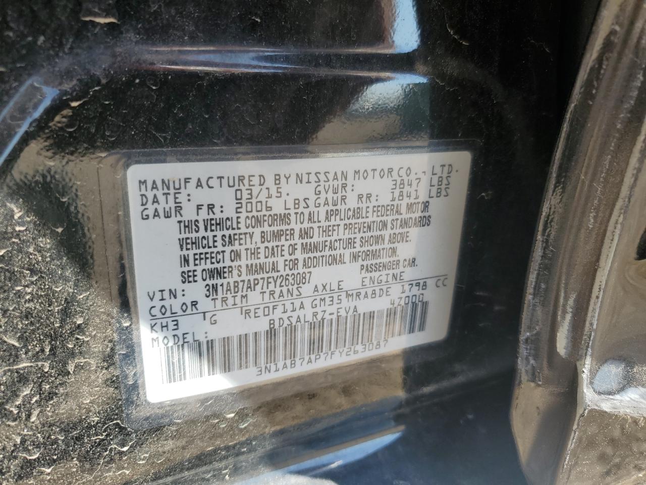 2015 Nissan Sentra S VIN: 3N1AB7AP7FY263087 Lot: 83876025