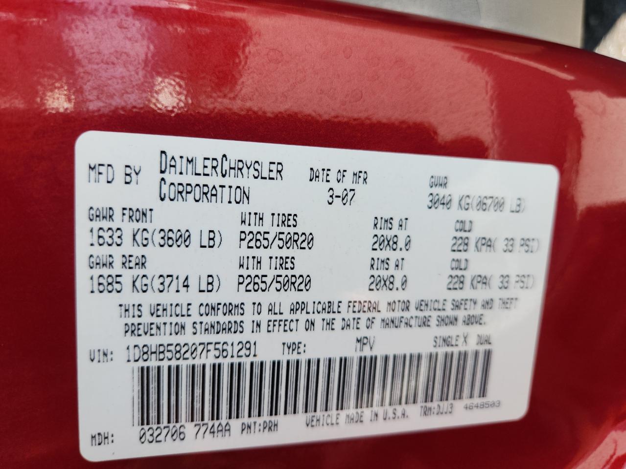 2007 Dodge Durango Limited VIN: 1D8HB58207F561291 Lot: 70771735