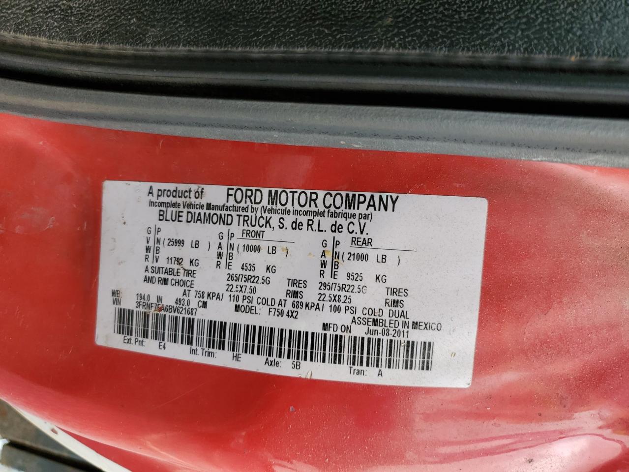 2011 Ford F750 Super Duty VIN: 3FRNF7FA6BV621687 Lot: 71821645